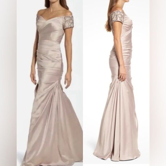 La Femme 25996 Beaded Back Off the Shoulder Ruched Crepe Champagne NWT $599 - Picture 1 of 16